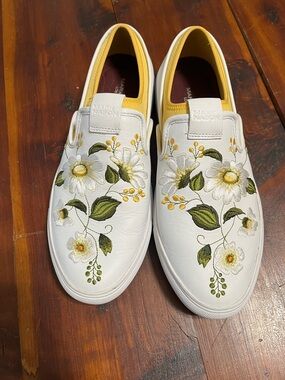 Mark Nason White Slip-On Sneakers with Yellow Floral Embroidery